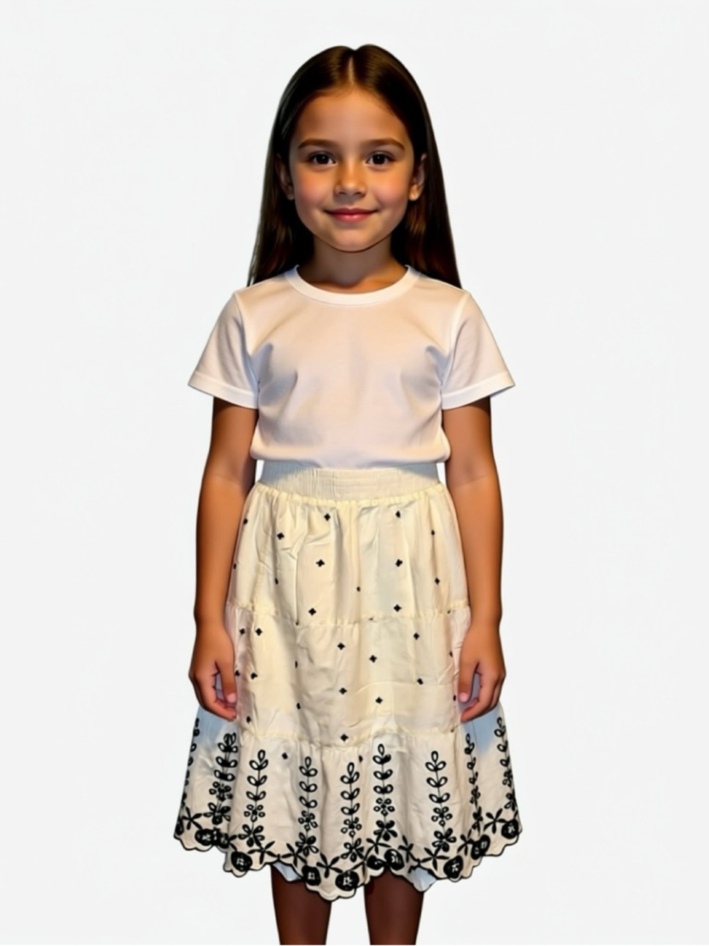 Abercrombie Kids White Embroidered Tiered Midi Skirt | Size 9/10